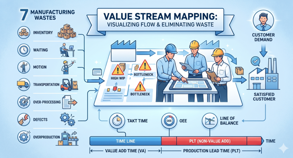 Value Stream Mapping (VSM) infographic showing 7 manufacturing wastes and production timeline